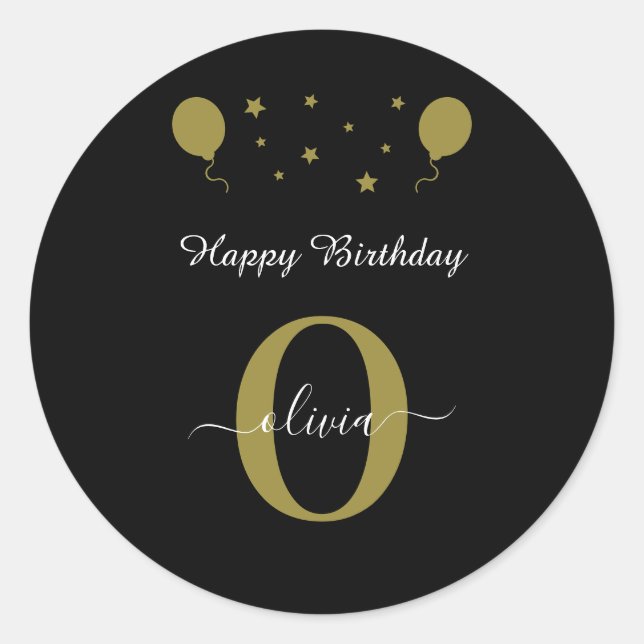 Monogram Script Happy Birthday Schwarz-weiß Gold Runder Aufkleber (Vorderseite)