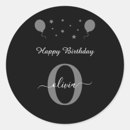 Monogram Script Happy Birthday Schwarz-weiß Gray Runder Aufkleber