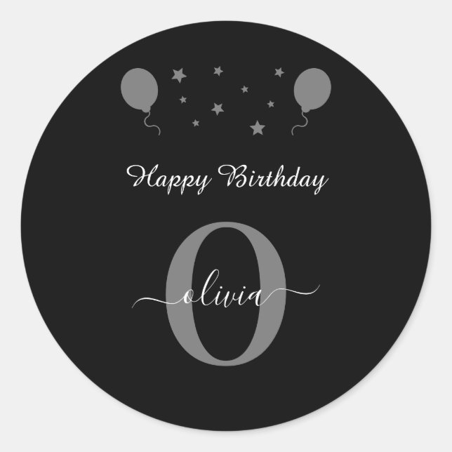Monogram Script Happy Birthday Schwarz-weiß Gray Runder Aufkleber (Vorderseite)