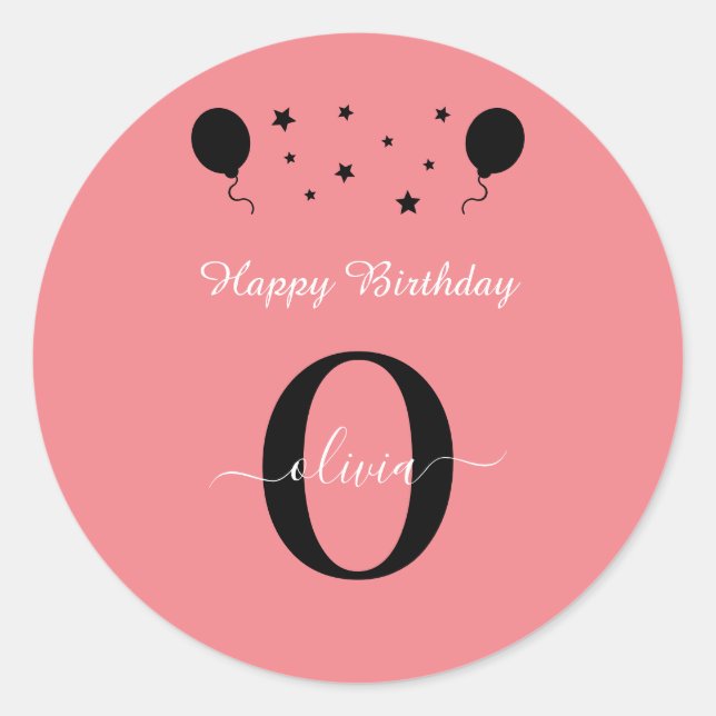 Monogram Script Happy Birthday Schwarz-weiß Pink Runder Aufkleber (Vorderseite)