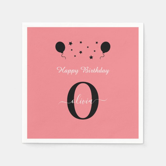 Monogram Script Happy Birthday Schwarz-weiß Pink Serviette (Vorderseite)