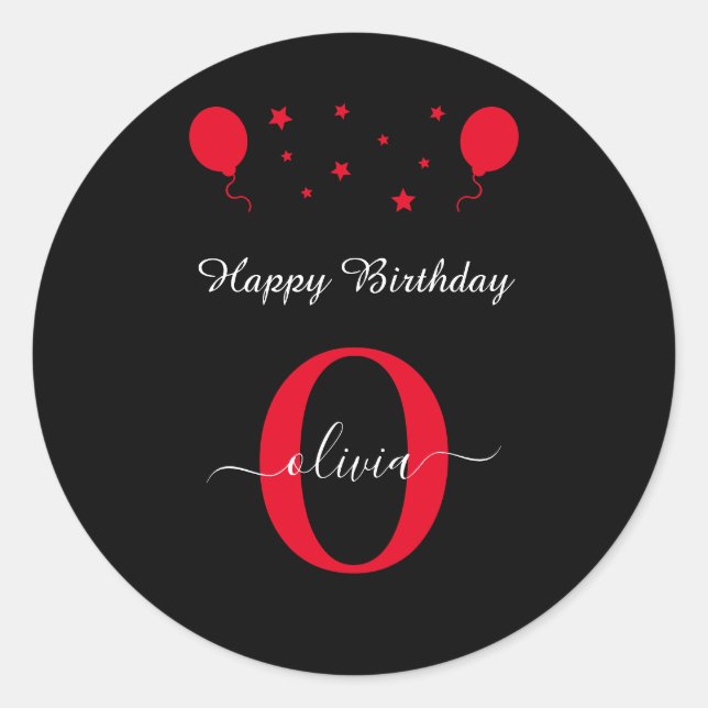Monogram Script Happy Birthday Schwarz-weiß Red Runder Aufkleber (Vorderseite)
