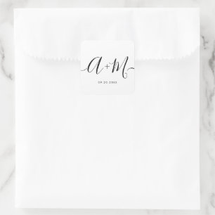 Monogram Script Hochzeitdatum Minimalistisch Quadratischer Aufkleber