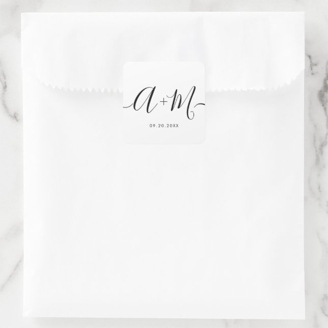 Monogram Script Hochzeitdatum Minimalistisch Quadratischer Aufkleber (Tasche)