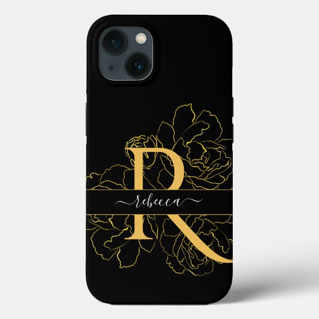 Monogram Script Modern Name Black Gold Floral Case-Mate iPhone Hülle (Rückseite)