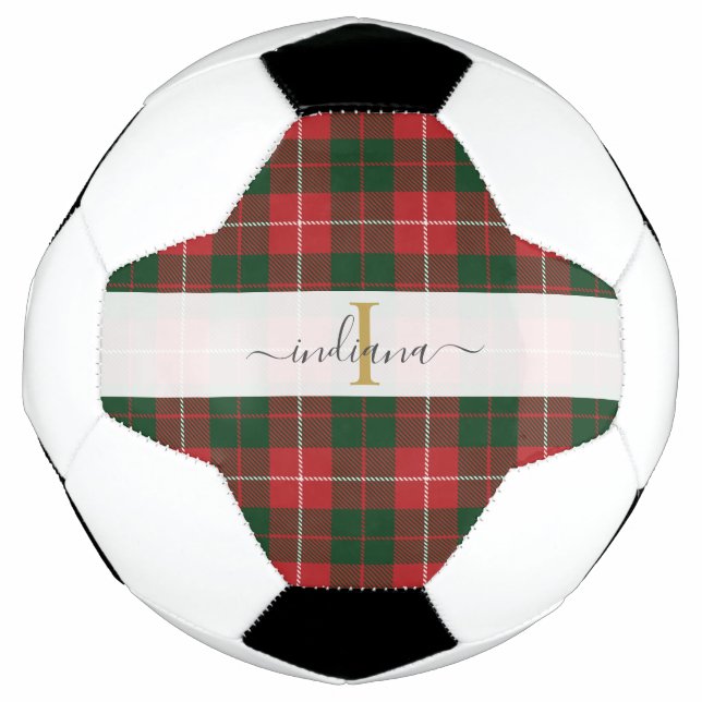 Monogram Script Name Kariert Red Green Tartan Fußball (Vorderseite)