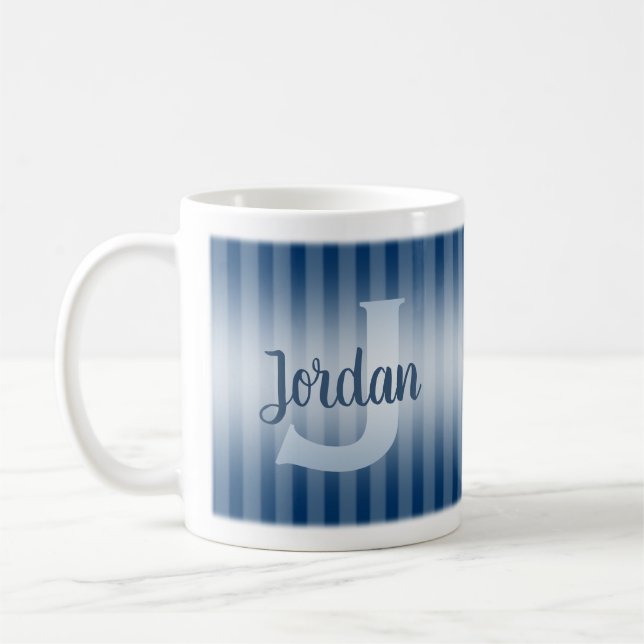 Monogram Script Name Navy Blue & White Strips Kaffeetasse (Links)