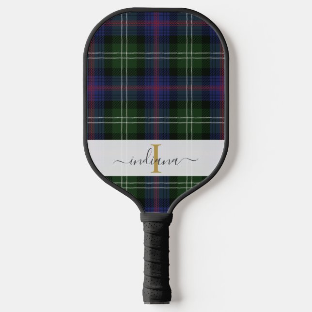 Monogram Script Name Plaid Green Purple Tartan Pickleball Schläger (Vorderseite)