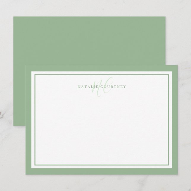 Monogram Script Two Border Minimalistisch Sage Gre Mitteilungskarte (Vorne/Hinten)