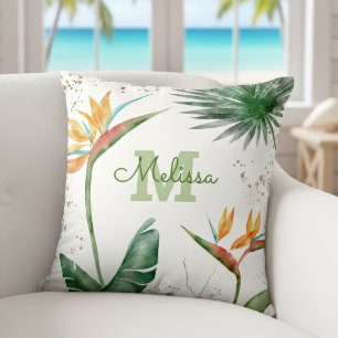 Monogram Script White Gold Tropical Island Floral Kissen