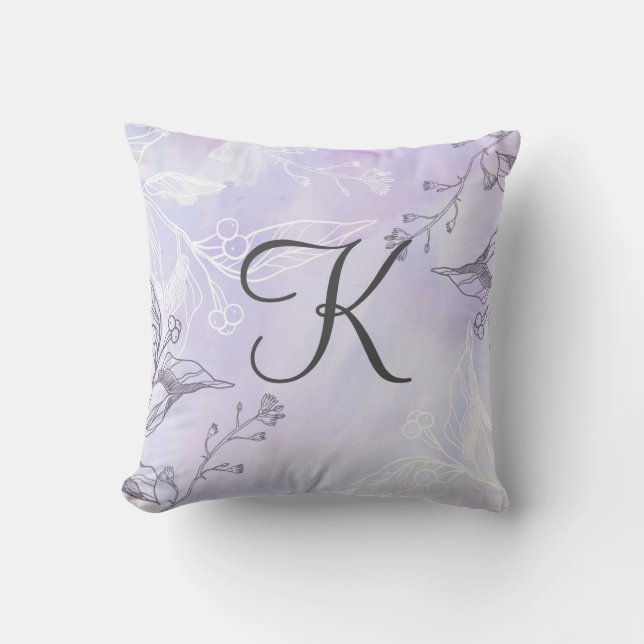 Monogram Script White Gray Lila Floral Kissen (Vorderseite)