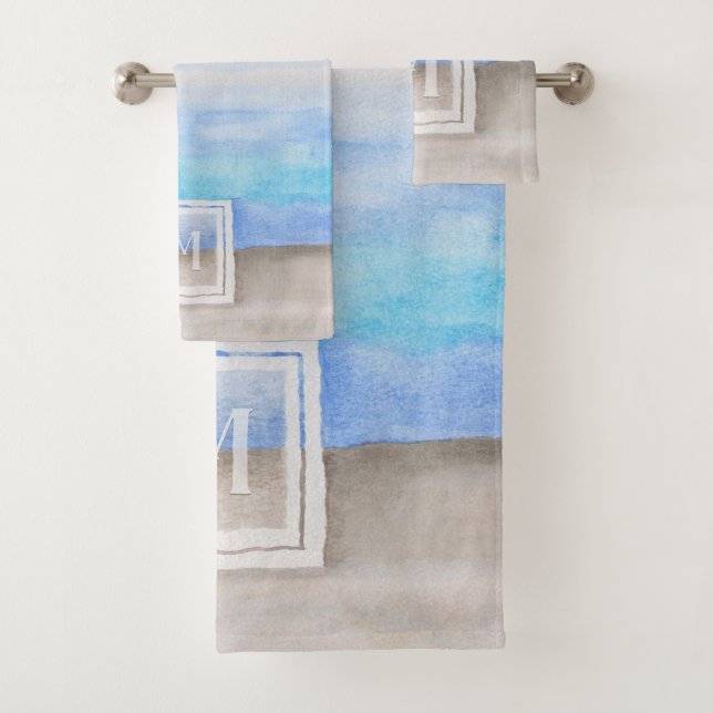 Monogram Sea & Sand Blue und Tan Badhandtuch Set (Insitu)