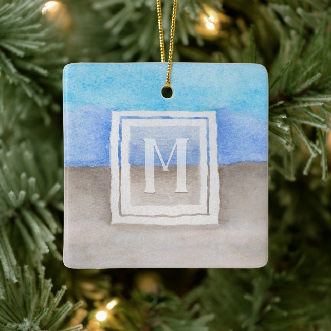 Monogram Sea & Sand Blue und Tan Keramikornament (Baum)