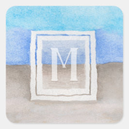 Monogram Sea & Sand Blue und Tan Quadratischer Aufkleber