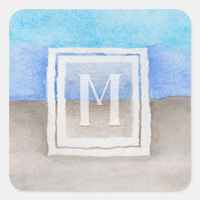 Monogram Sea & Sand Blue und Tan Quadratischer Aufkleber (Vorderseite)