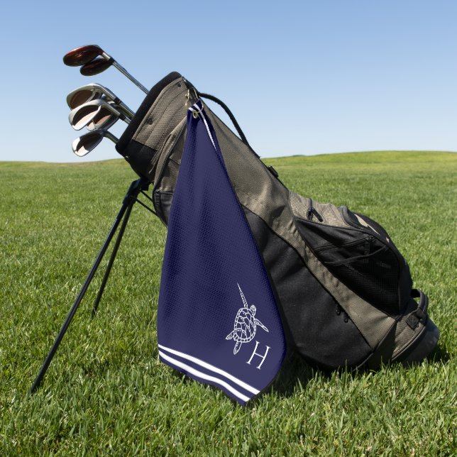 Monogram Sea Turtles Navy Blue Nautical Coastal Golfhandtuch (Gras)