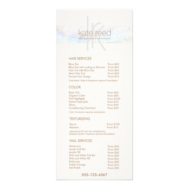 Monogram Seashell Salon Tarifs Menu Service (Devant)