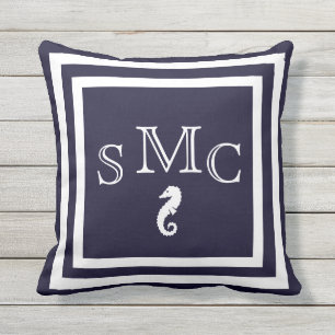 MONOGRAM Seepferd dunkelblau im Freien nautisch Kissen