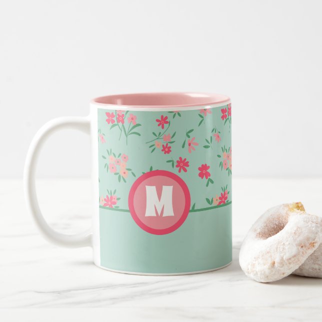 Monogram Shades Pink Dainty Blume Zweifarbige Tasse (Mit Donut)