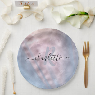 Monogram Shimmery Rose Gold und Baby Blue Ombre Pappteller