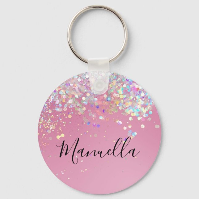 Monogram Shiny Rose Gold Pink Glitzer Individuelle Schlüsselanhänger (Vorderseite)