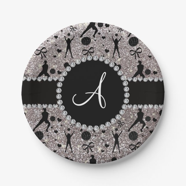 Monogram silber Glitzer Volleyballspieler Pappteller (Vorderseite)