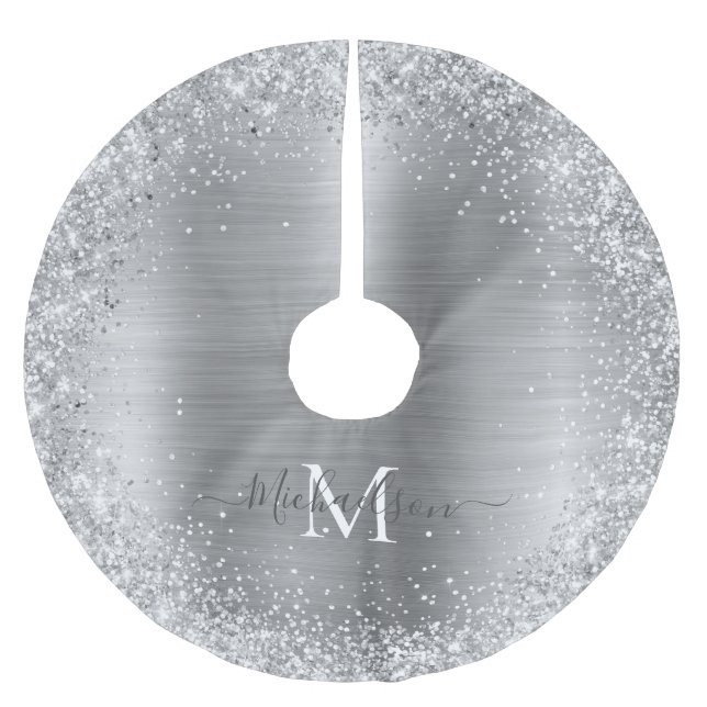 Monogram Silver Glitzer Girly Glam Polyester Weihnachtsbaumdecke (Vorderseite)