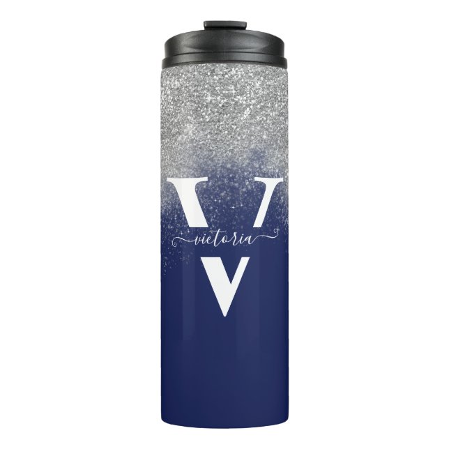 Monogram Silver Glitzer Glitzern Navy Blue Custom Thermosbecher (Vorderseite)