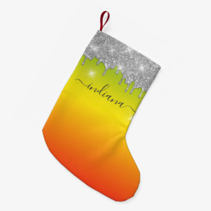 Monogram Silver Glitzer Holiday Red Yellow Ombre Kleiner Weihnachtsstrumpf