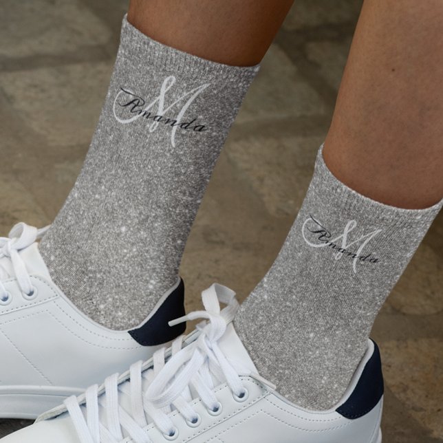 Monogram Silver Glitzer Sparkle Personalisiert Socken (Von Creator hochgeladen)