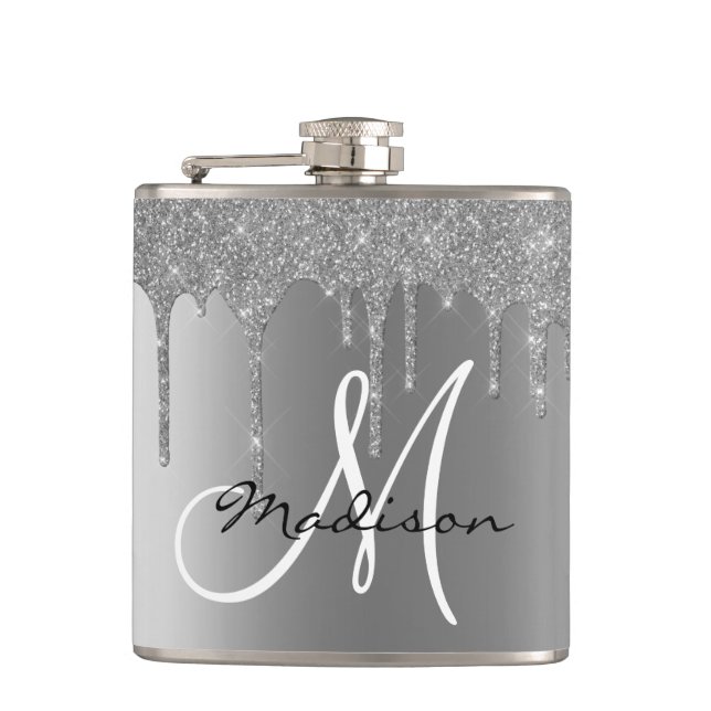 Monogram Silver Glitzer Tropfen Girly Flachmann (Vorderseite)