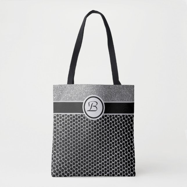 Monogram Silver Glitzer und Black Fashion Chic Tasche (Vorderseite)
