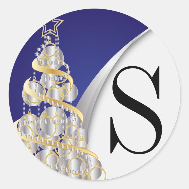 Monogram Silver, Gold und Blue Frohe Weihnachten Runder Aufkleber (Vorderseite)