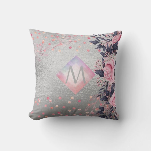 Monogram Silver Navy Rosegold Girly Newlyweds Gesc Kissen (Vorderseite)