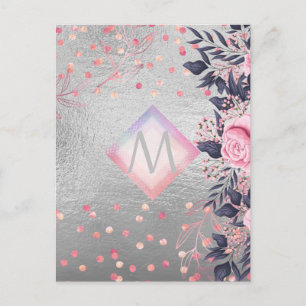 Monogram Silver Navy Rosegold Girly Newlyweds Gesc Postkarte