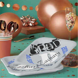 Monogram Silver Royal Blue Abschluss Year Pappteller