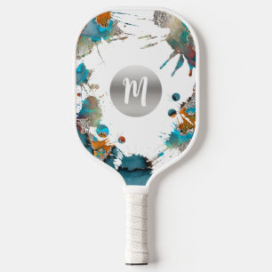 Monogram Silver Turquoise Orange Abstrakter Spritz Pickleball Schläger