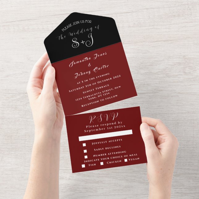Monogram Simple Black Burgundy Calligraphy Wedding All In One Einladung (Abreißen)