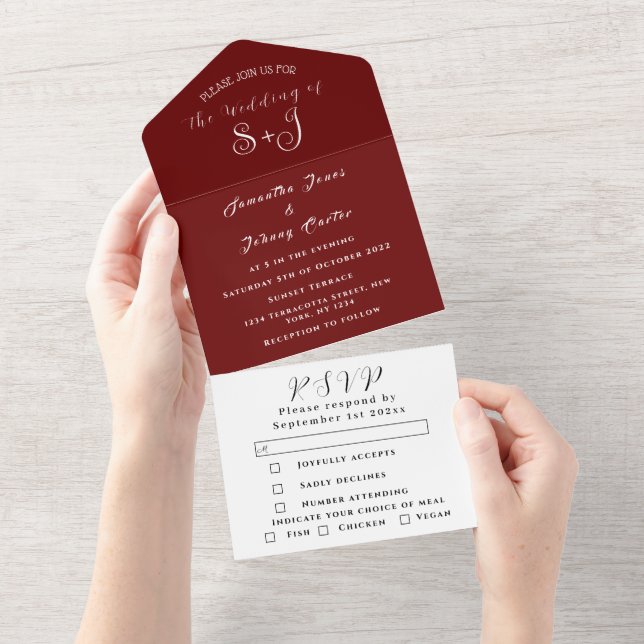 Monogram Simple Burgundy Calligraphy Wedding All In One Einladung (Abreißen)