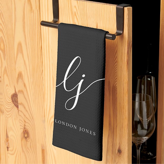 Monogram Simple Elegance Calligraphy Black Geschirrtuch (Von Creator hochgeladen)