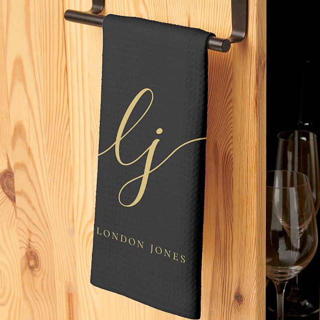 Monogram Simple Elegance Calligraphy Black Gold Geschirrtuch (Von Creator hochgeladen)