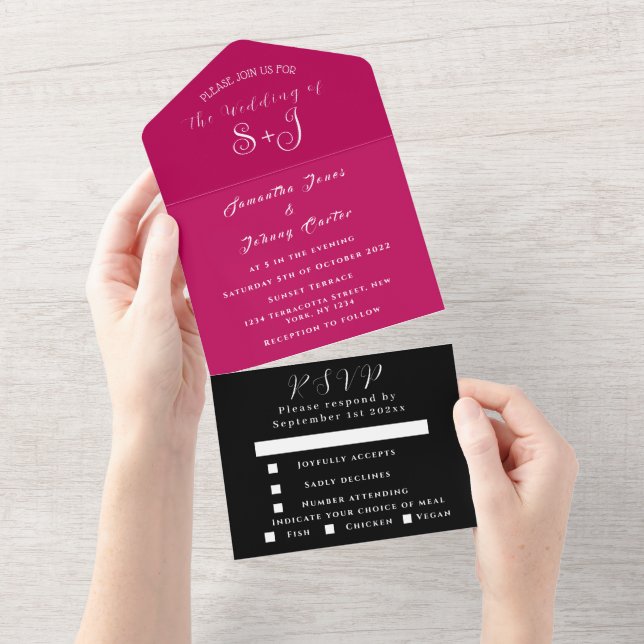 Monogram Simple Magenta Fuchsia Black Wedding All In One Einladung (Abreißen)