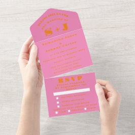 Monogram Simple Pink Orange Bold Wedding All In One Einladung