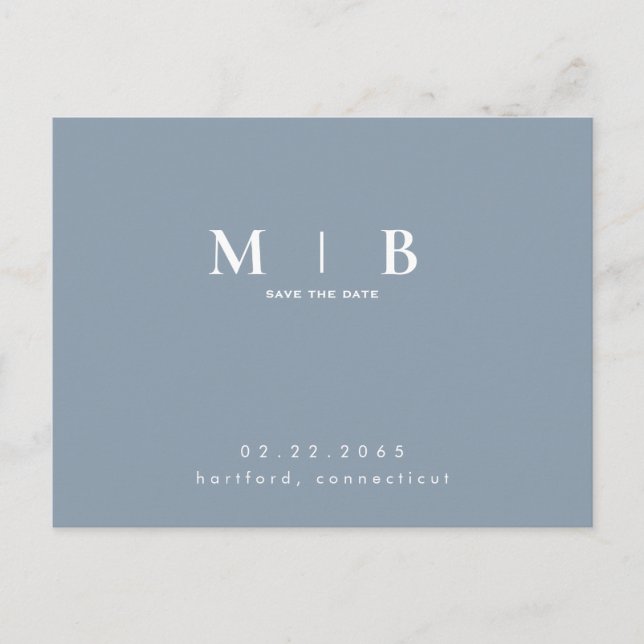Monogram Simple Sleek Dusty Blue Save the Date Ankündigungspostkarte (Vorderseite)