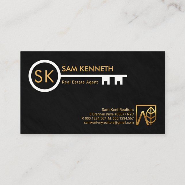 Monogram Simple White Key Black Grunge Realtor Visitenkarte (Vorderseite)