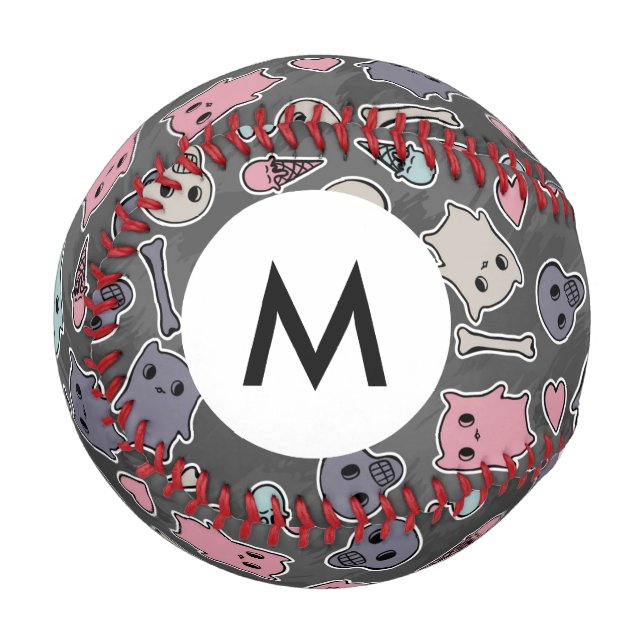 Monogram Skulls, Herz auf schwarzem Hintergrund Baseball (Vorderseite Links)