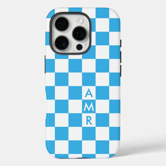 Monogram Sky Blue White Checkered Pattern iPhone 16 Pro Hülle (Rückseite)