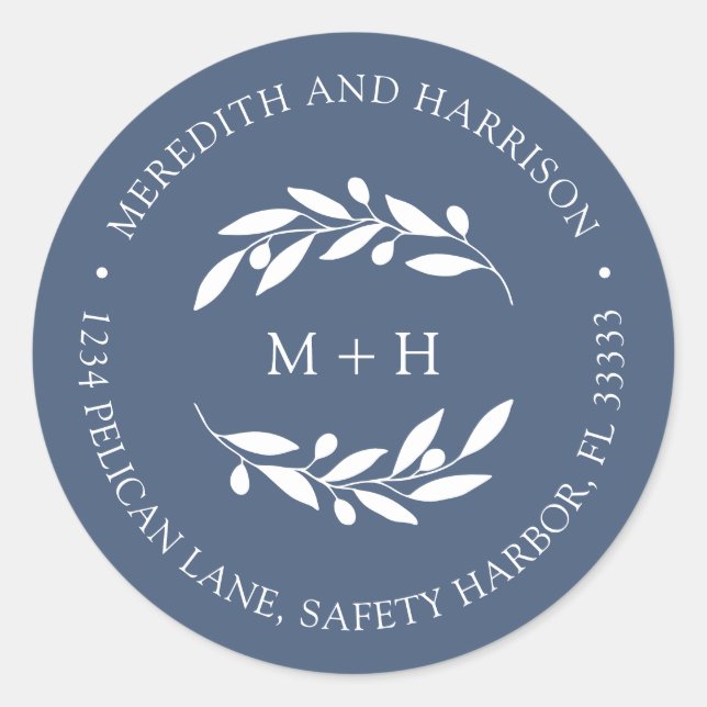 Monogram Slate Blue Wedding Rücksendeadresse Runder Aufkleber (Vorderseite)