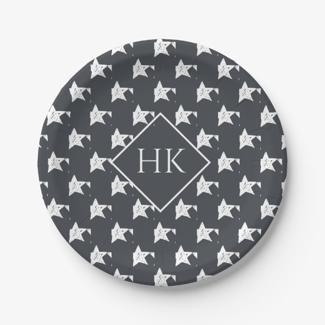Monogram Slate Gray Charchoal White Star Muster Pappteller (Vorderseite)