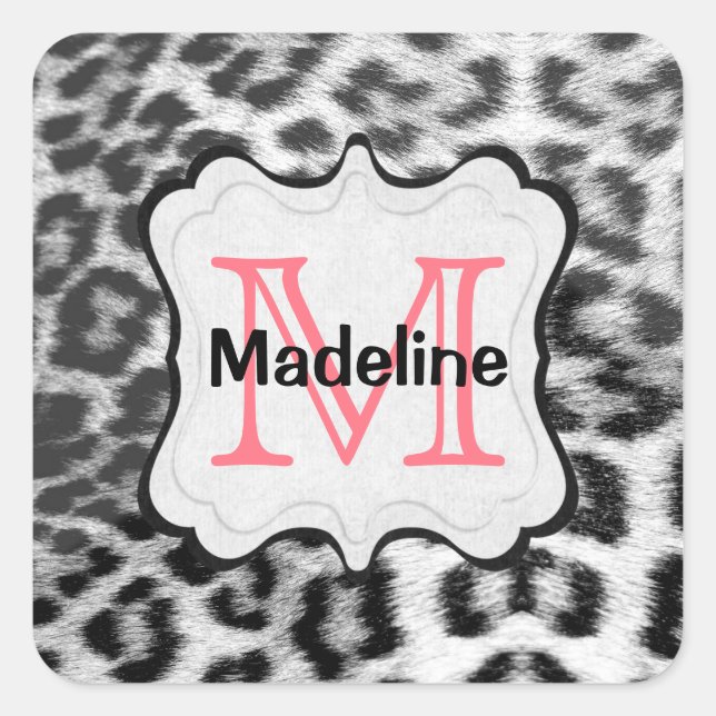 Monogram Snow Leopard Quadratischer Aufkleber (Vorderseite)